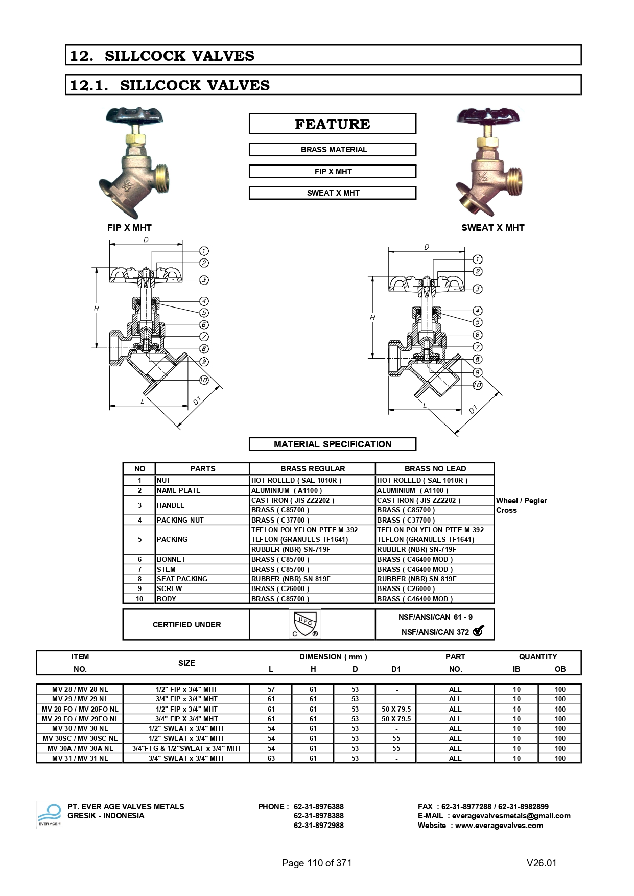 SILLCOCK VALVES - MV 28 - MV 31